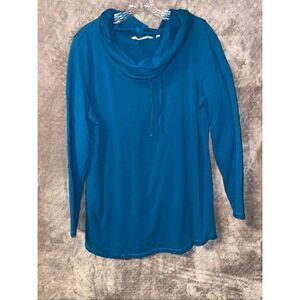 Soft surroundings women’s blue cowl neck tunic long sleeve sweater roll tab Larg